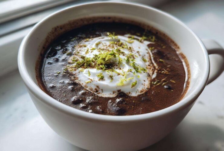 Close-up of creamy black bean soup in a white mug, topped with sour cream and bright green lime zest.