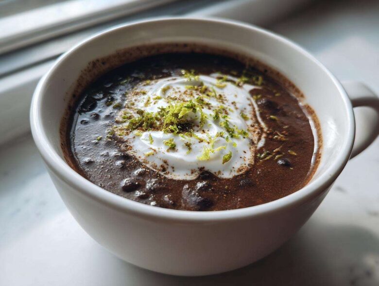 Close-up of creamy black bean soup in a white mug, topped with sour cream and bright green lime zest.