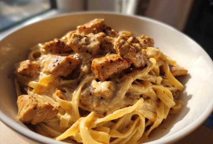 Close-up of creamy chicken pasta featuring fettuccine noodles coated in a rich sauce and topped with seasoned, cubed chicken pieces.