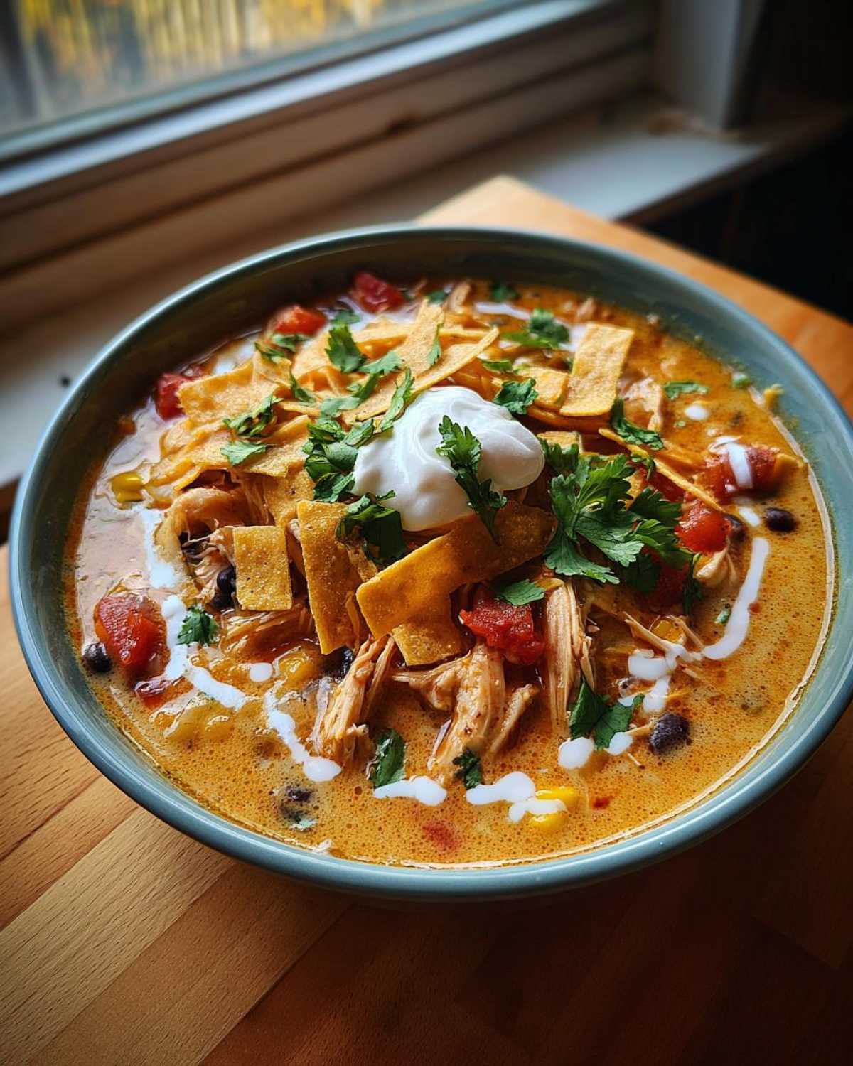A close-up of a bowl of creamy chicken tortilla soup recipe, topped with sour cream, cilantro, and tortilla strips.