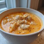 Close-up of a white bowl filled with creamy, orange-hued crab soup topped with large chunks of white crab meat and black pepper.