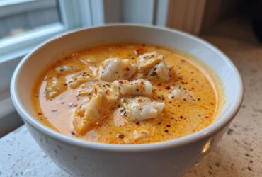 Close-up of a white bowl filled with creamy, orange-hued crab soup topped with large chunks of white crab meat and black pepper.