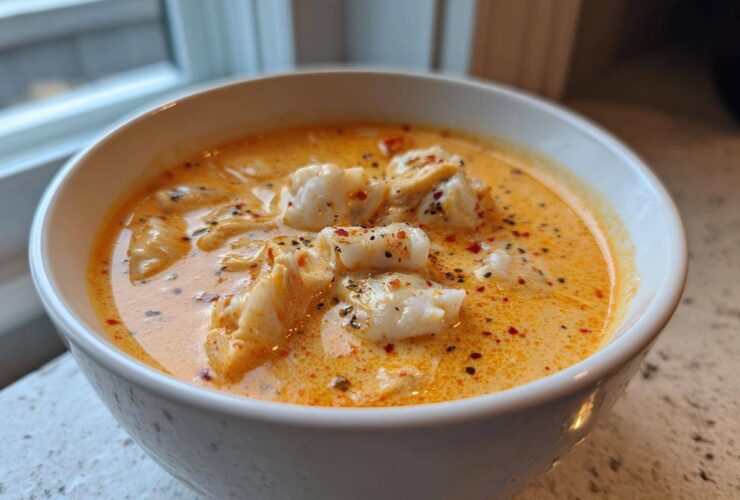 Close-up of a white bowl filled with creamy, orange-hued crab soup topped with large chunks of white crab meat and black pepper.