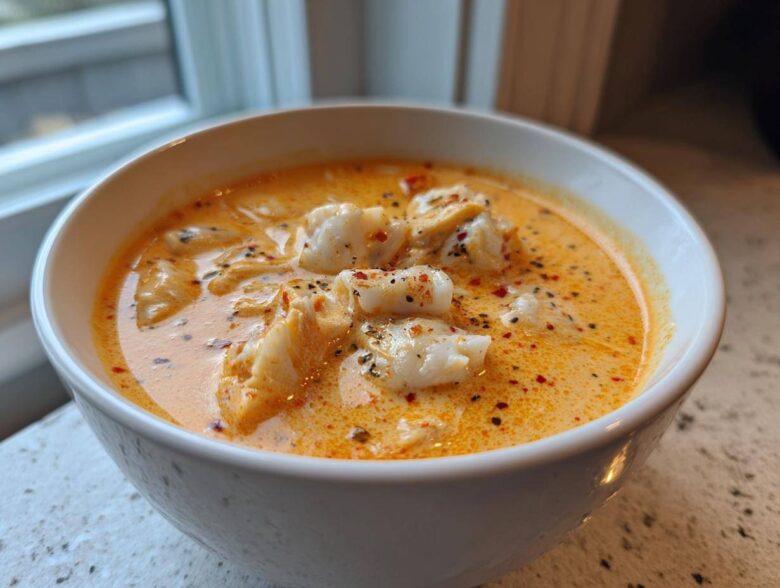 Close-up of a white bowl filled with creamy, orange-hued crab soup topped with large chunks of white crab meat and black pepper.