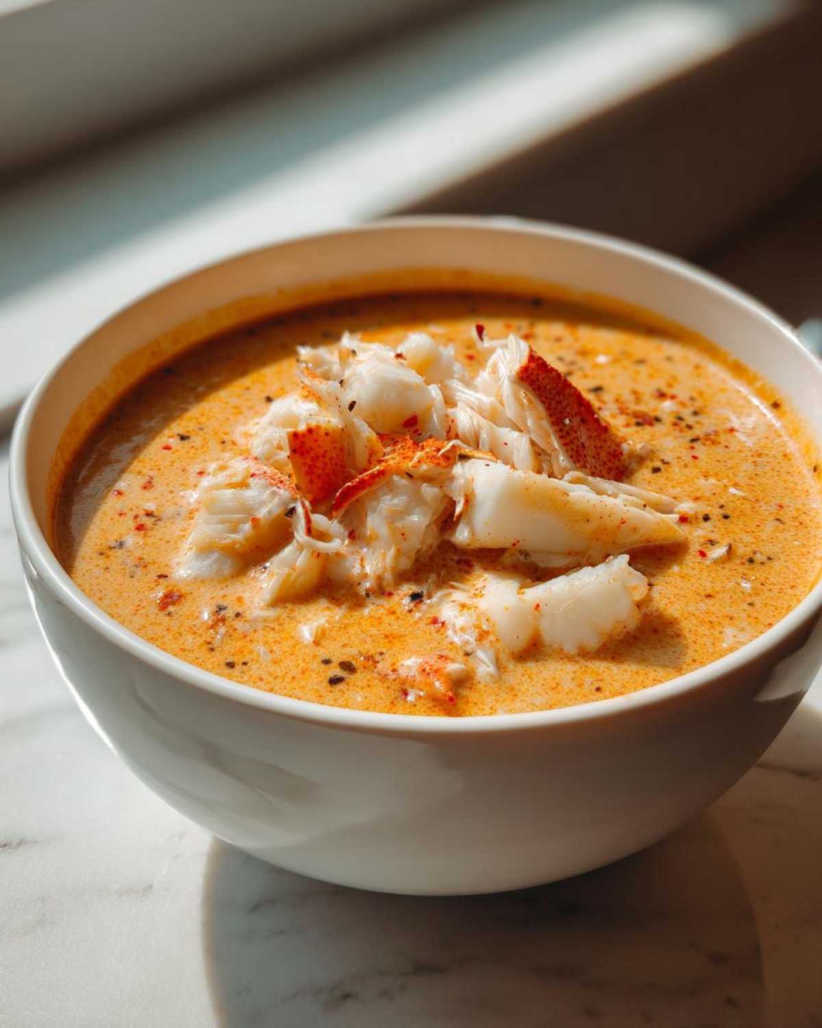 A close-up of creamy crab soup in a white bowl, generously topped with large chunks of white crab meat.