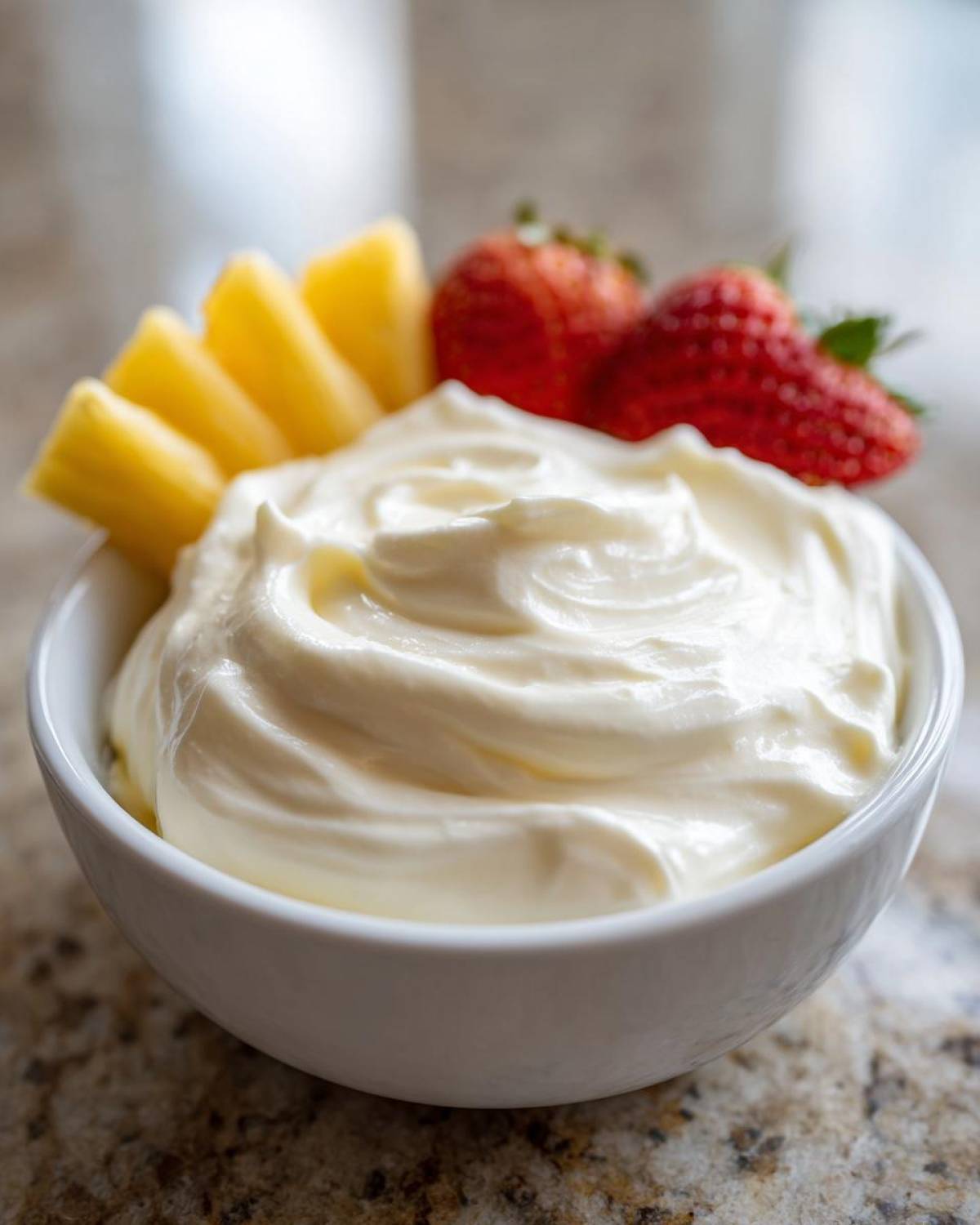 Close-up of a white bowl filled with creamy fruit dip, garnished with pineapple spears and fresh strawberries.