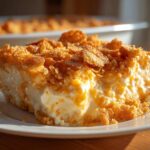 A generous slice of creamy hot chicken salad casserole topped with crunchy, golden cornflakes sits on a white plate.