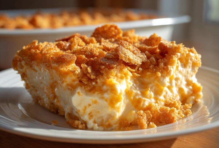 A generous slice of creamy hot chicken salad casserole topped with crunchy, golden cornflakes sits on a white plate.