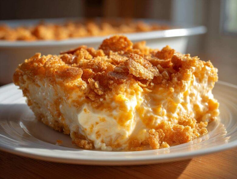 A generous slice of creamy hot chicken salad casserole topped with crunchy, golden cornflakes sits on a white plate.