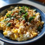 Close-up of creamy Mexican street corn dip topped with cotija cheese, chili powder, and fresh cilantro.