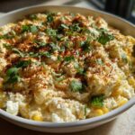 A close-up of a creamy Mexican street corn dip topped with cotija cheese, chili powder, and fresh cilantro.