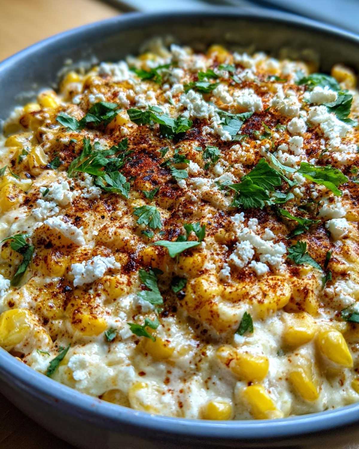 Close-up of creamy Mexican street corn dip topped with cotija cheese, chili powder, and cilantro.