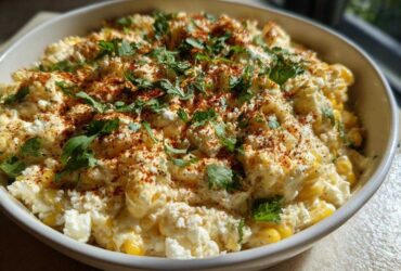 A close-up of a creamy Mexican street corn dip topped with cotija cheese, chili powder, and fresh cilantro.