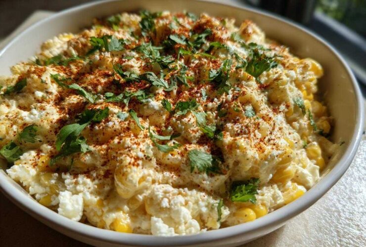 A close-up of a creamy Mexican street corn dip topped with cotija cheese, chili powder, and fresh cilantro.