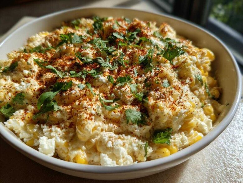 A close-up of a creamy Mexican street corn dip topped with cotija cheese, chili powder, and fresh cilantro.