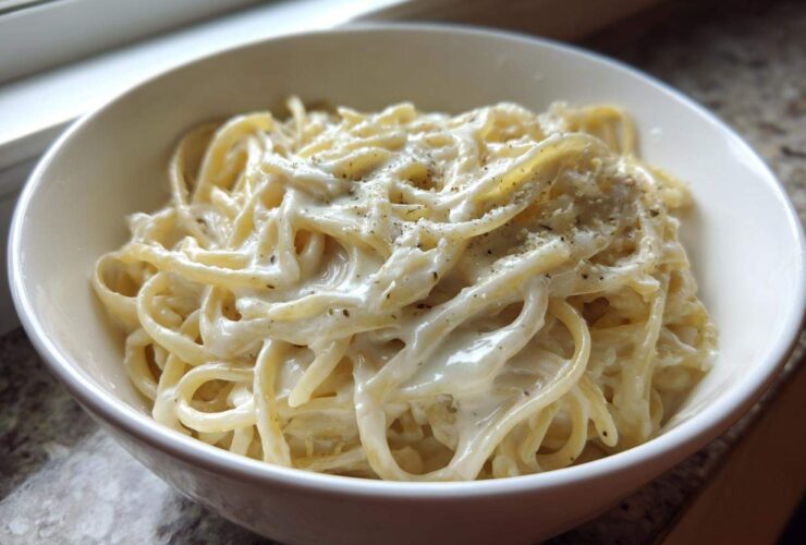 Close-up of fettuccine pasta generously coated in creamy homemade olive garden alfredo sauce and topped with pepper.