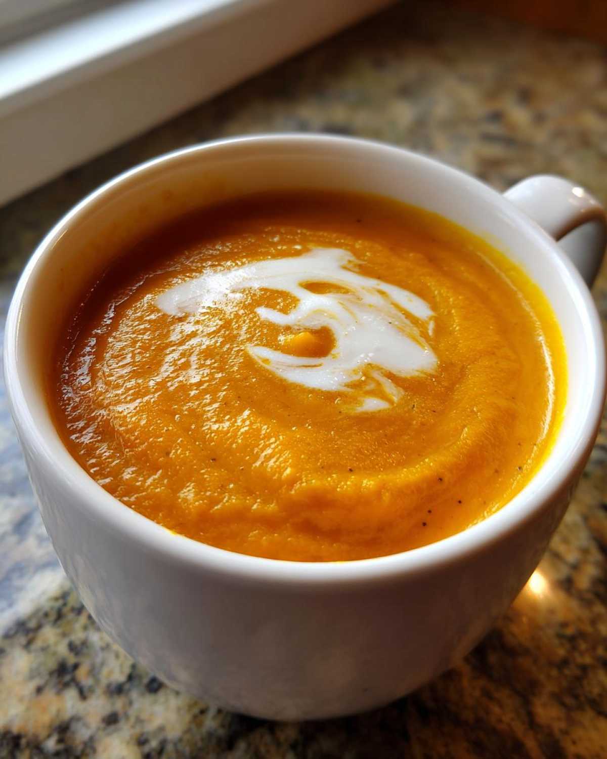 A close-up of bright orange squash soup topped with a swirl of cream in a white mug.