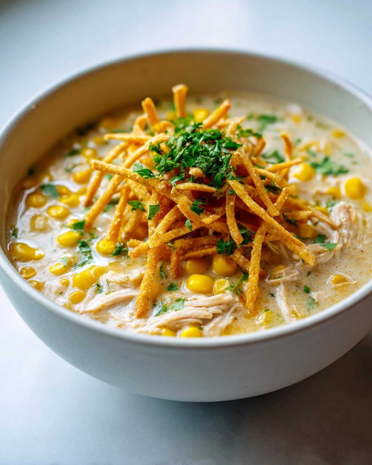 Close-up of creamy chicken tortilla soup topped with corn, shredded chicken, crispy tortilla strips, and fresh parsley.