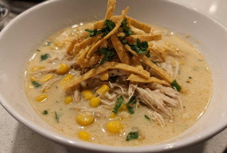 A close-up of creamy tortilla soup in a white bowl, featuring shredded chicken, corn, and crispy tortilla strips.