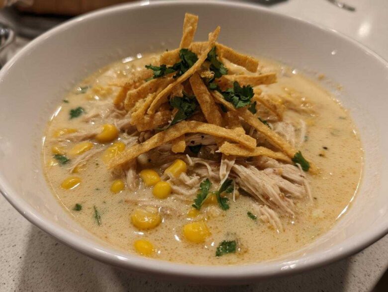 A close-up of creamy tortilla soup in a white bowl, featuring shredded chicken, corn, and crispy tortilla strips.