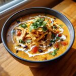 A close-up of a bowl of creamy chicken tortilla soup recipe, garnished with sour cream, black beans, and tortilla strips.