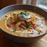 Close-up of a bowl of creamy tortilla soup recipe, topped with tortilla strips, sour cream, and cilantro.