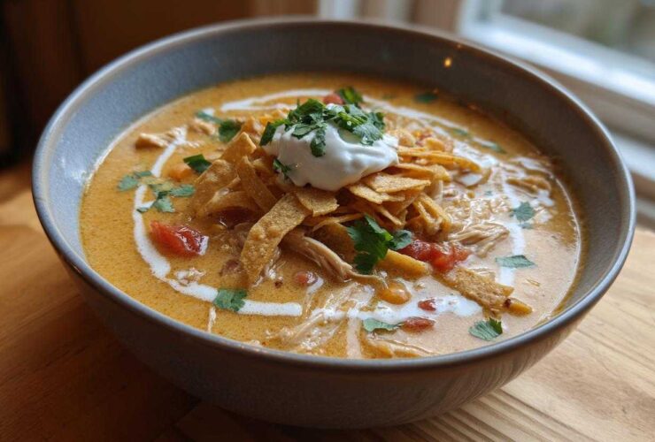 Close-up of a bowl of creamy tortilla soup recipe, topped with tortilla strips, sour cream, and cilantro.