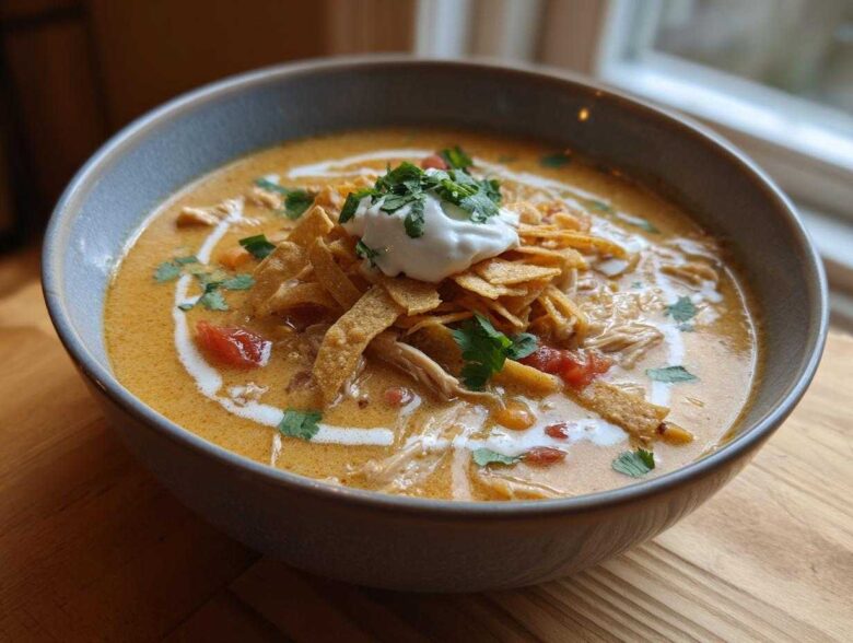 Close-up of a bowl of creamy tortilla soup recipe, topped with tortilla strips, sour cream, and cilantro.