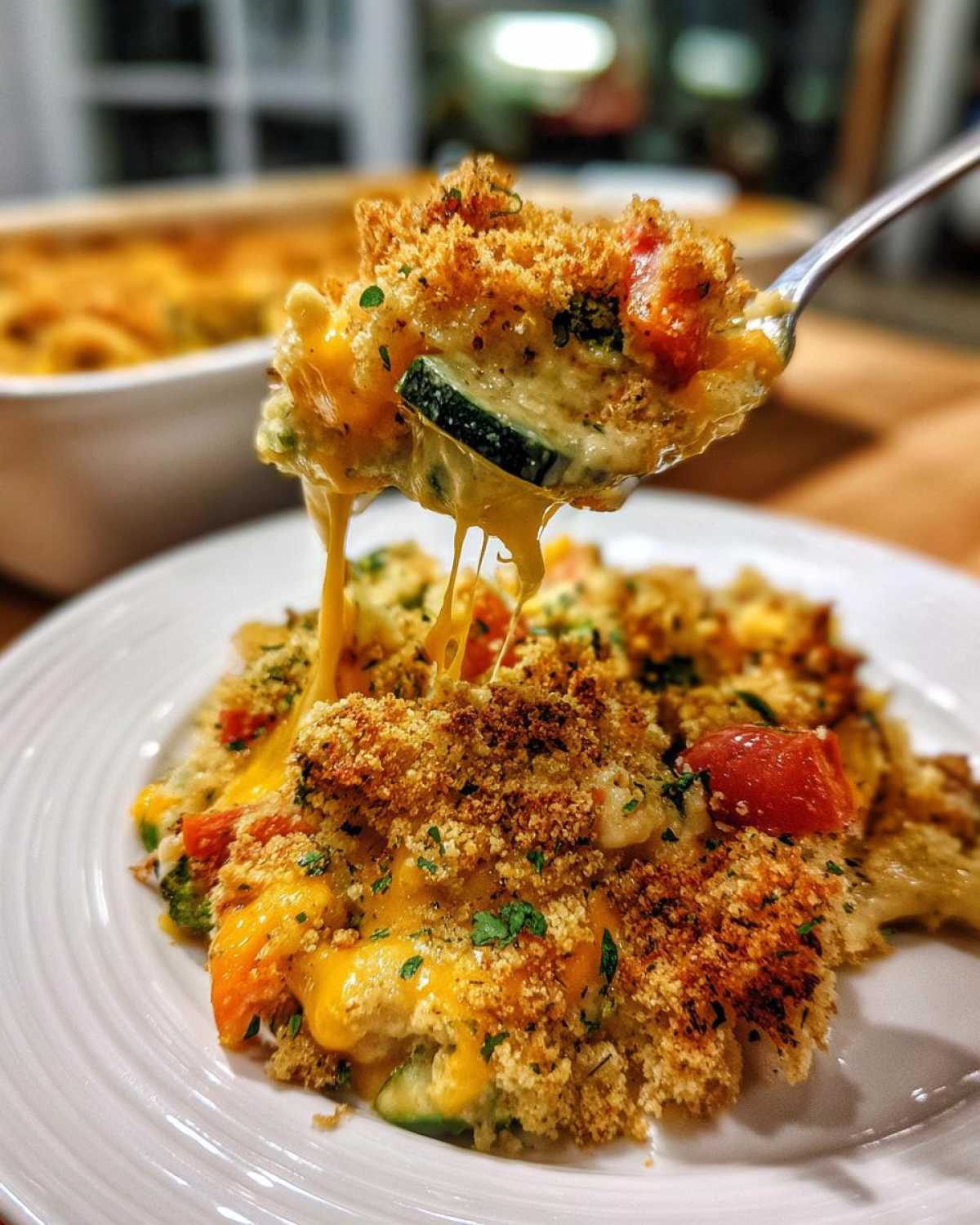 A spoonful of creamy vegetable casserole being lifted, showing melted cheese strings and a crunchy breadcrumb topping.