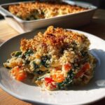 A generous serving of creamy vegetable casserole topped with golden, crunchy breadcrumbs on a white plate.
