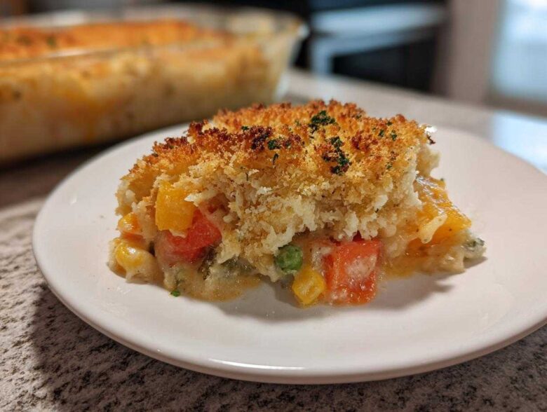 A serving of creamy vegetable casserole with mixed vegetables and a golden, crispy breadcrumb topping.