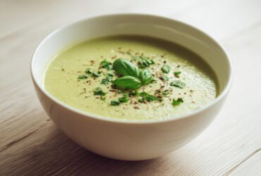 A close-up of a bowl of creamy zucchini soup, garnished with fresh basil leaves and cracked pepper.
