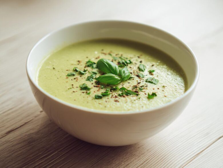 A close-up of a bowl of creamy zucchini soup, garnished with fresh basil leaves and cracked pepper.