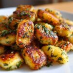 A close-up of golden brown, crispy air fryer gnocchi tossed with fresh green herbs on a white plate.