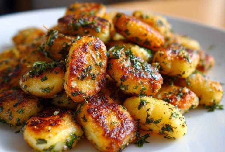 A close-up of golden brown, crispy air fryer gnocchi tossed with fresh green herbs on a white plate.