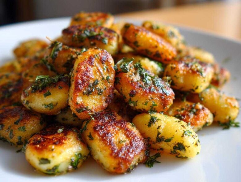 A close-up of golden brown, crispy air fryer gnocchi tossed with fresh green herbs on a white plate.