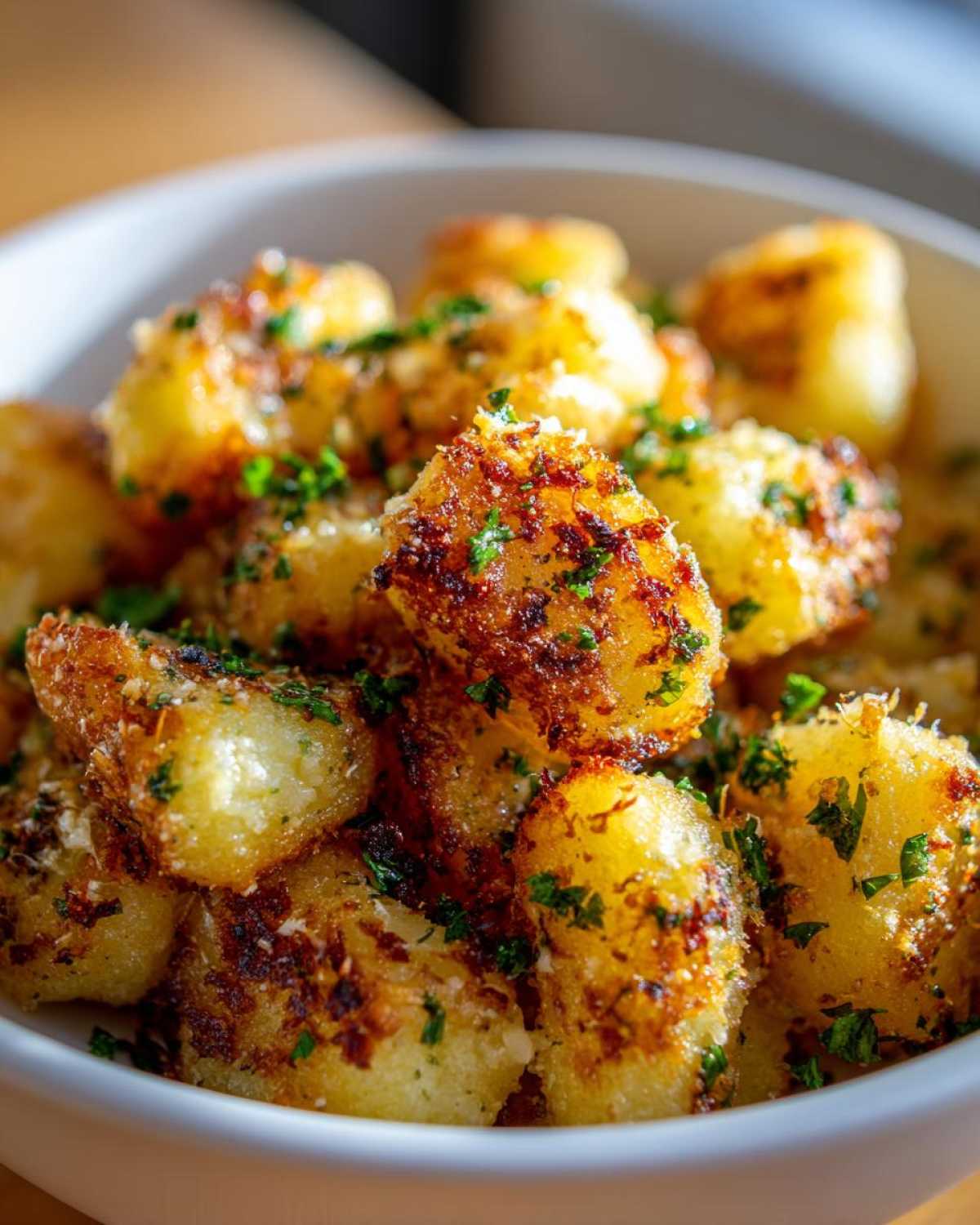 Close-up of crispy, golden brown air fryer gnocchi tossed with Parmesan cheese and fresh parsley.