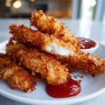 Close-up of crispy coconut chicken tenders, one piece broken open to show white meat inside, served with sweet chili sauce.