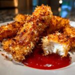 Close-up of golden brown, crispy coconut chicken tenders served with a dollop of red dipping sauce.