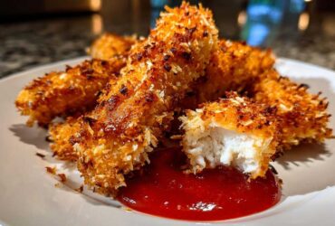 Close-up of golden brown, crispy coconut chicken tenders served with a dollop of red dipping sauce.