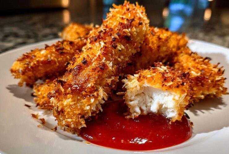 Close-up of golden brown, crispy coconut chicken tenders served with a dollop of red dipping sauce.