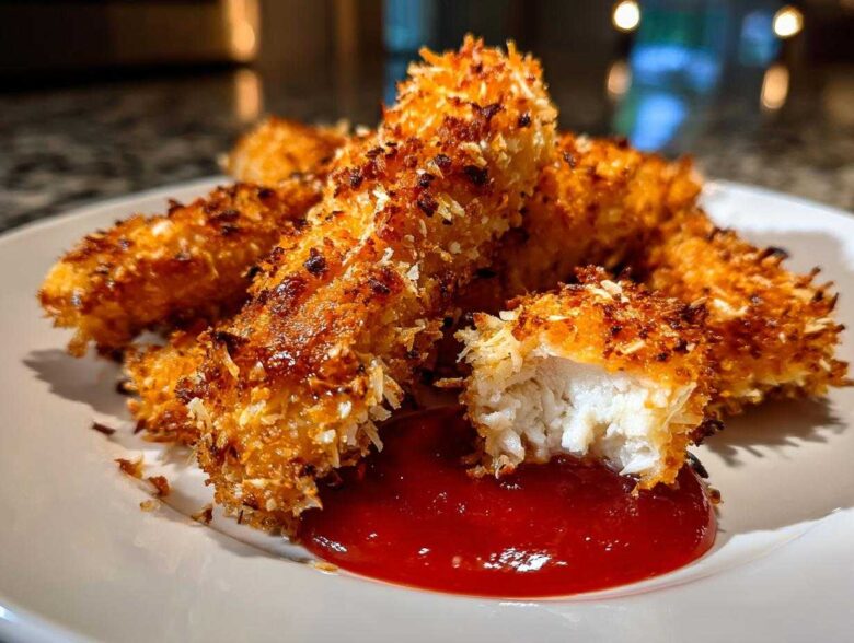 Close-up of golden brown, crispy coconut chicken tenders served with a dollop of red dipping sauce.