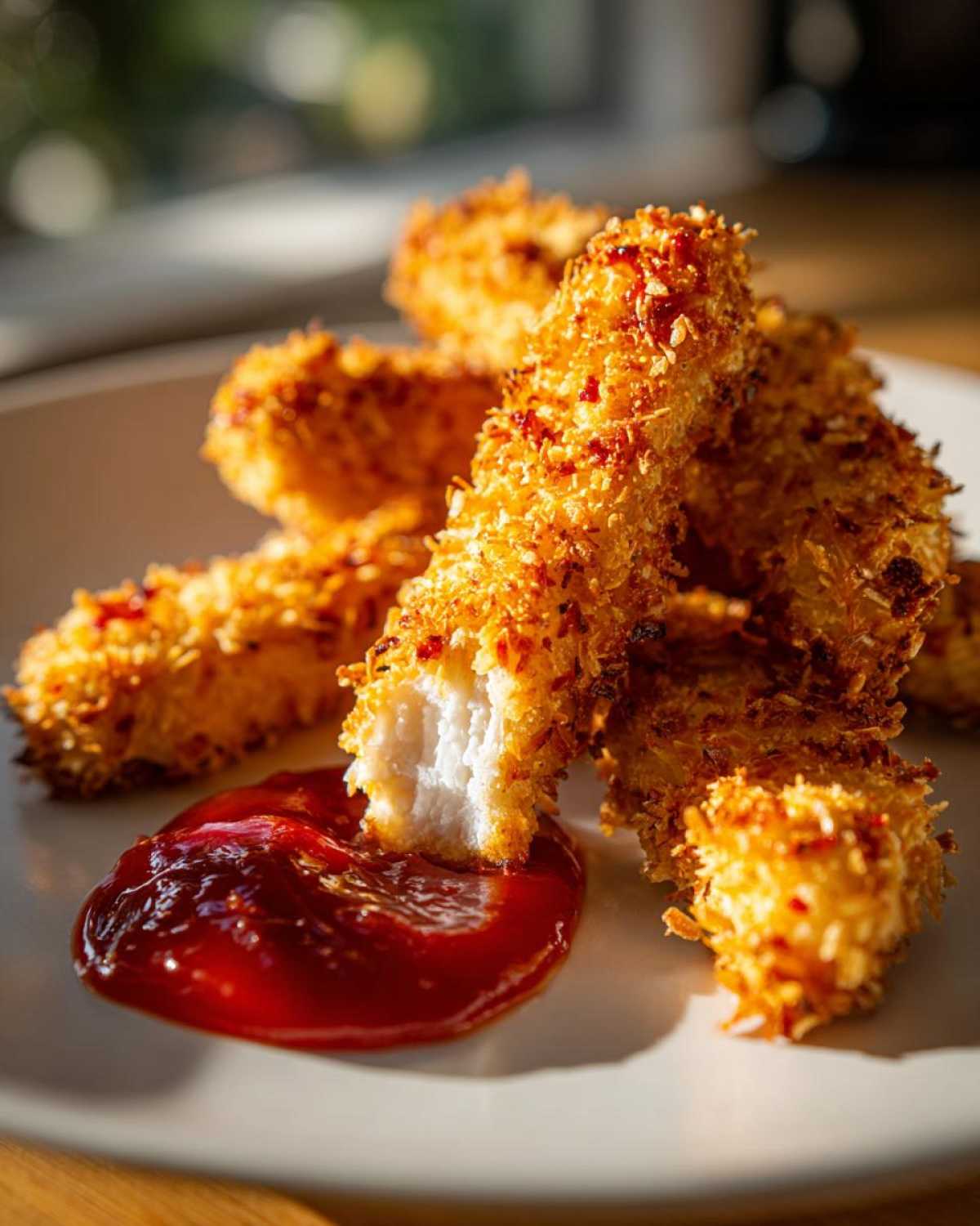 Close-up of crispy coconut chicken tenders, one piece is broken open showing white meat, dipped in a pool of red sauce.