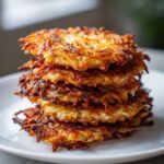 A tall stack of perfectly golden brown and crispy potato latkes piled high on a white plate.