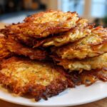 A tall stack of perfectly golden brown, crispy potato latkes piled high on a white plate.