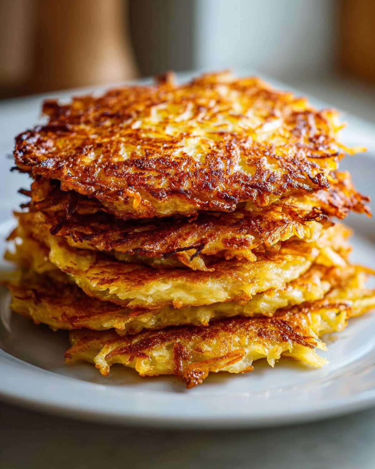 A tall stack of five perfectly golden brown and crispy potato latkes piled on a white plate.