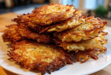 A tall stack of perfectly golden brown, crispy potato latkes piled high on a white plate.