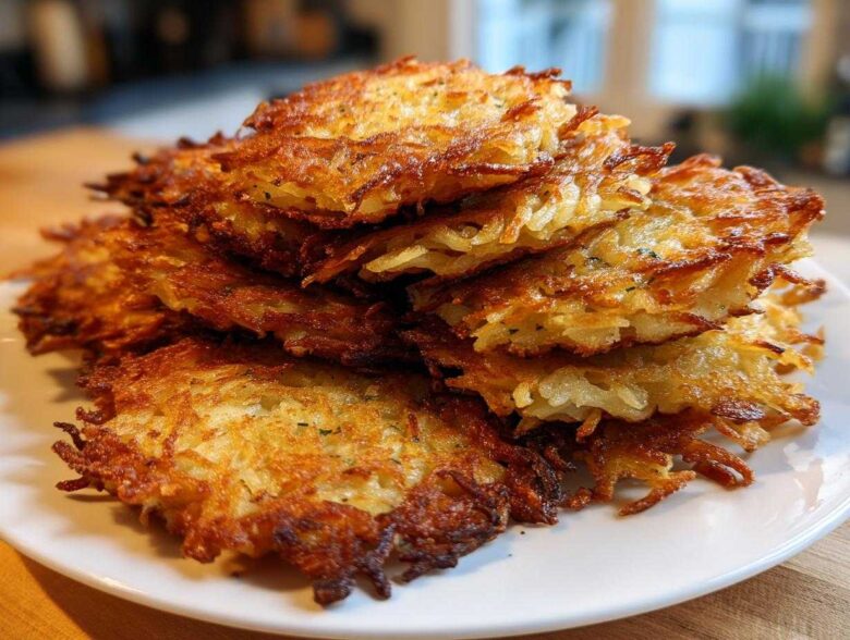 A tall stack of perfectly golden brown, crispy potato latkes piled high on a white plate.