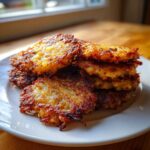 A tall stack of golden-brown, crispy potato pancakes piled high on a white plate.