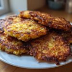 A stack of perfectly crispy, golden-brown potato pancakes served on a white plate, ready to eat.
